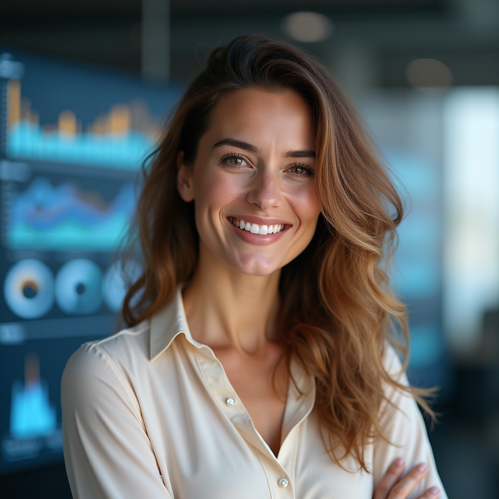 Alexandra, consultant principal de date, zâmbind în fața unui ecran cu rapoarte de analytics